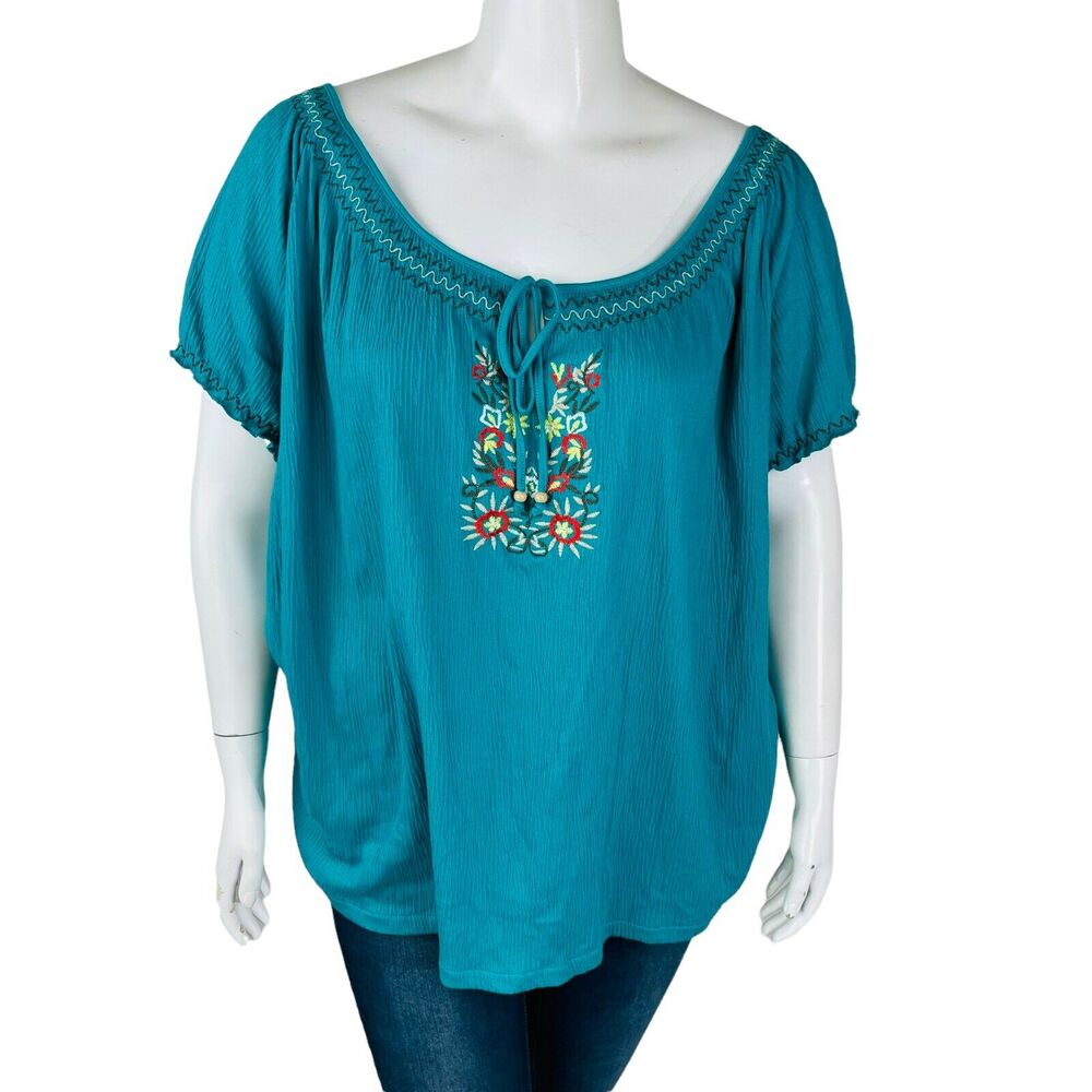 New French Laundry Womans Sz 22/24 Blouse Floral Teal Embroidered NWT‎